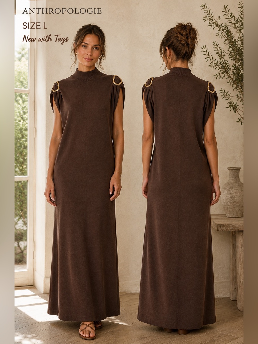 Anthropologie new Maxi knit dress large brown &gold Buckle Draped Mock Neck chic - Picture 1 of 16